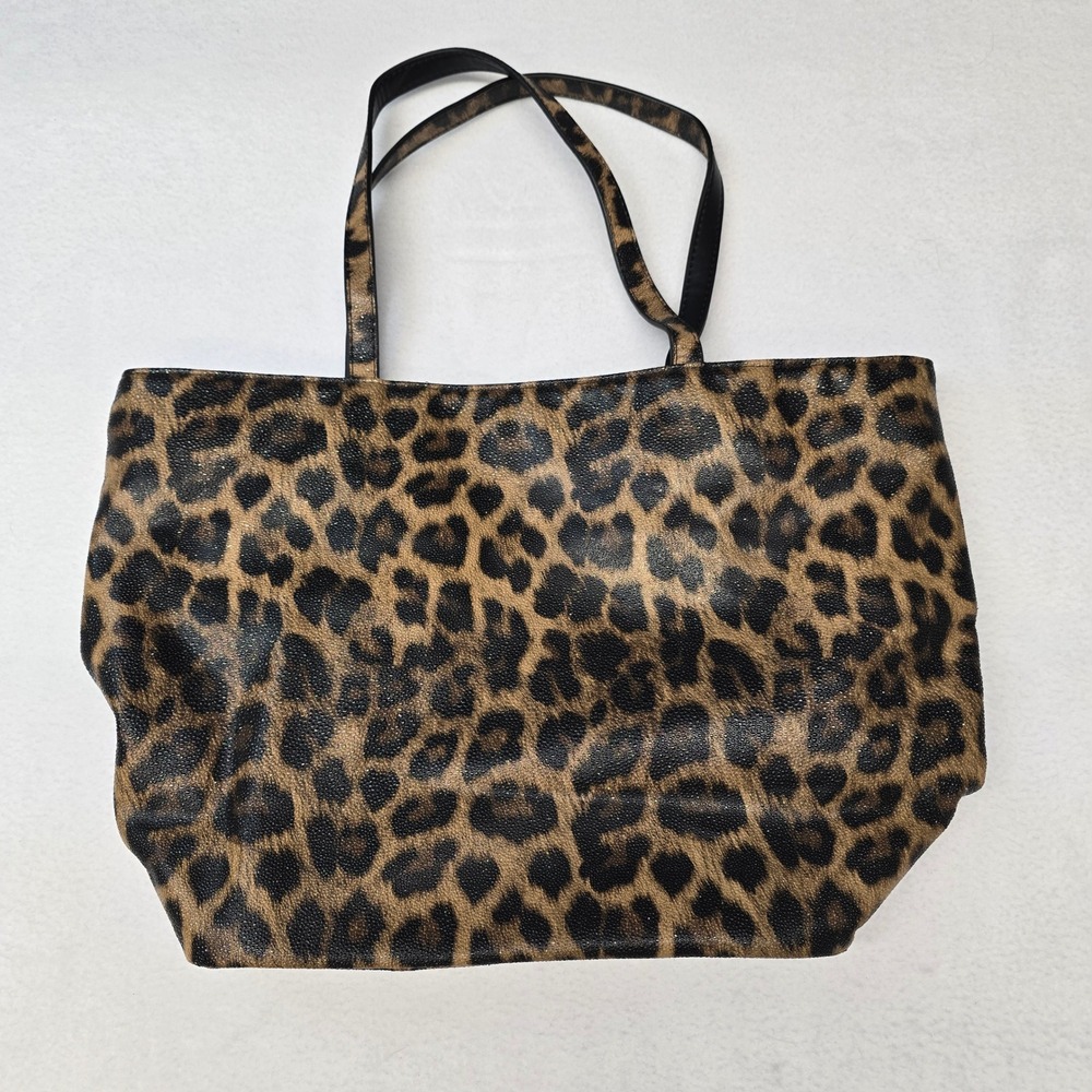 Chicos Leopard Print Tote Bag Brown Animal Pattern Faux Leather Shoulder Bag